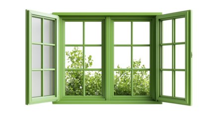 Wooden window painted green and trees isolated on a white background, created with Generative AI technology, PNG