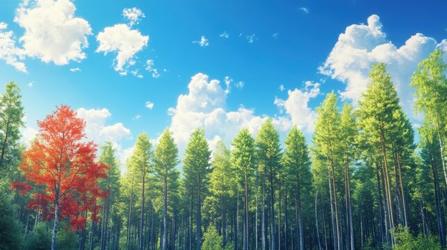 A vibrant forest scene featuring towering trees and a striking bright red tree at the forefront. Its branches stretch skyward against a backdrop of deep blue sky, creating an enchanting natural tablea
