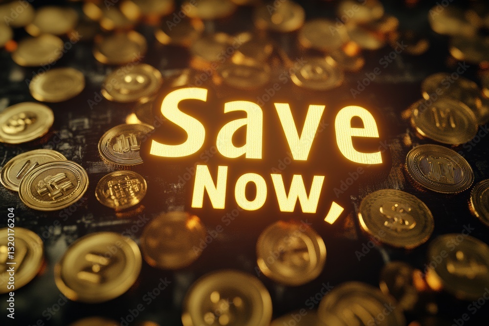 Poster Golden coins and banknotes create an enticing backdrop with the call to save now designed for financial encouragement and motivation