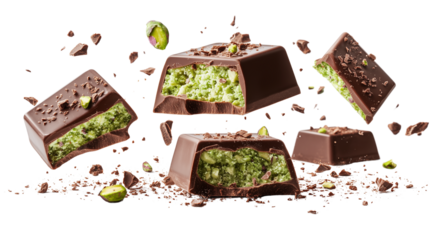 PNG, Dubai chocolate, set of levitating chocolate candies with filling, isolated on white background, created with Generative AI technology