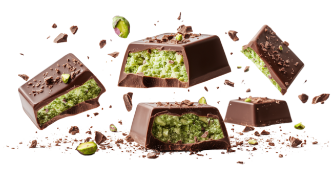 PNG, Dubai chocolate, set of levitating chocolate candies with filling, isolated on white background, created with Generative AI technology