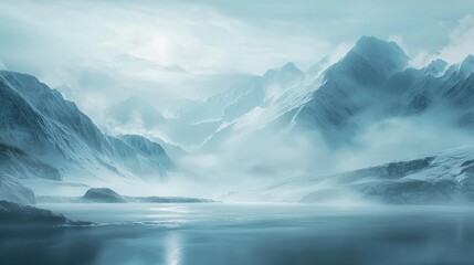 Misty, snow-covered mountains reflected in a calm lake under a cloudy sky.