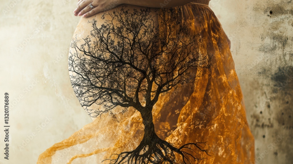 Poster elegant depiction of a pregnant belly adorned with tree of life artwork showcasing growth and balanc