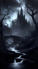 Fototapeta premium Dark Castle Illustration: Gloomy Gothic Architecture, Mystical Stream, and Silhouetted Trees under a Night Sky