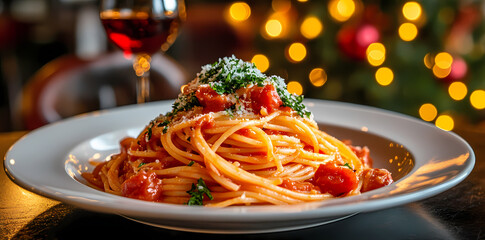 Spaghetti with Red Sauce: A tantalizing serving of spaghetti with red sauce, topped with freshly grated Parmesan cheese and a sprig of parsley, captures the essence of a classic Italian dish.