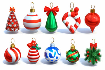 Collection of Festive 3D Rendered Christmas Ornaments:  Red, Green, and Blue Baubles with Candy Cane and Mini-Tree Designs, Showcasing Holiday Cheer.