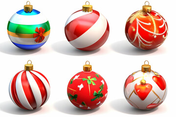Six 3D-rendered Christmas baubles, showcasing diverse designs: striped, horizontally banded, ornate, and heart-themed, isolated on white.
