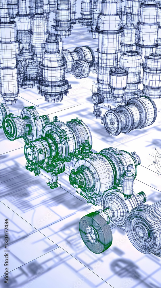 Poster 3d wireframe model of complex machinery on blueprint background