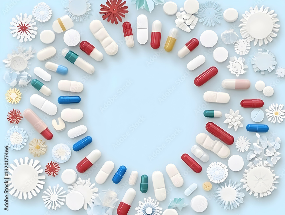 Poster 3d render of assorted pills and tablets arranged in a circular frame on a light blue background with