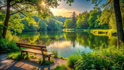 Fototapeta premium Serene Lakeside Bench at Golden Hour Tranquil Reflection of Sunlight on Still Water, Lush Green Foliage, and Peaceful Solitude