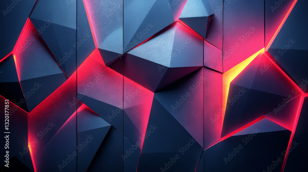 Poster geometric 3d abstract background with layered polygons and glowing red accents