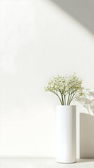 Fototapeta premium White Gypsophila Flowers in a Cylindrical Vase against a White Wall with Sunlight Shadows: Minimalist Home Decor Still Life Photography
