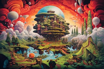 Obraz premium Surreal fantasy landscape featuring a treehouse city beneath dome