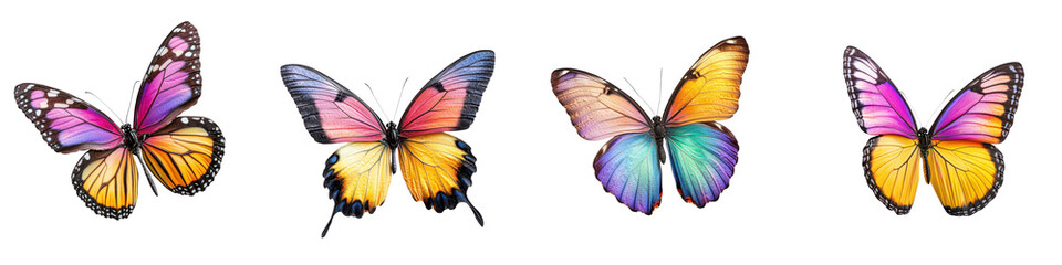 A collection of vibrant colorful butterflies with delicate wings in a naturalistic outdoor setting  The butterflies showcase a range of patterns shapes and hues