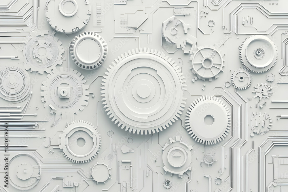 Poster abstract 3d rendering of white gears and circuit board, intricate mechanical design, futuristic tech
