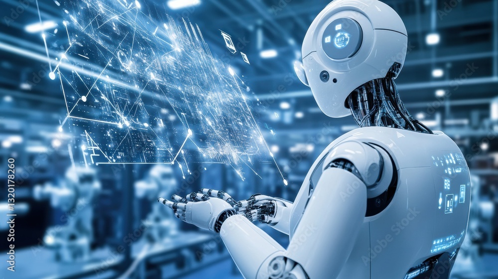 Poster automated factory with advanced robotics and ai overseeing efficient production processes