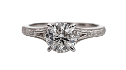 Wedding, white gold engagement ring with diamond isolated on a white background, close up, created with Generative AI technology, PNG