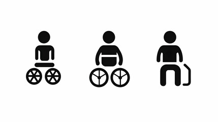 Vector Illustration of Three Simple Pictograms: Person on a Two-Wheeled Vehicle, Person in a Chair with Wheels, and a Person with a Cane, Depicting Mobility and Accessibility