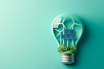 3D Illustration of a Light Bulb with Wind Turbines, Solar Panels, and Greenery, Representing Clean Energy Solutions
