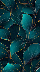 Abstract Teal and Gold Floral Illustration: Seamless Pattern of Elegant, Curving Petals with Luxurious Metallic Accents, creating a sophisticated and decorative design.