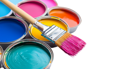 Paints of different colors in jars and a brush isolated on a white background, space for text, created with Generative AI technology, PNG