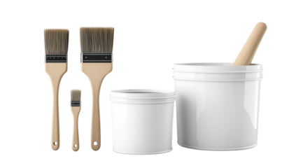 White buckets and brushes isolated on a white background, created with Generative AI technology, PNG