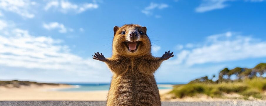 A happy animal with open arms stands outside by the sea
