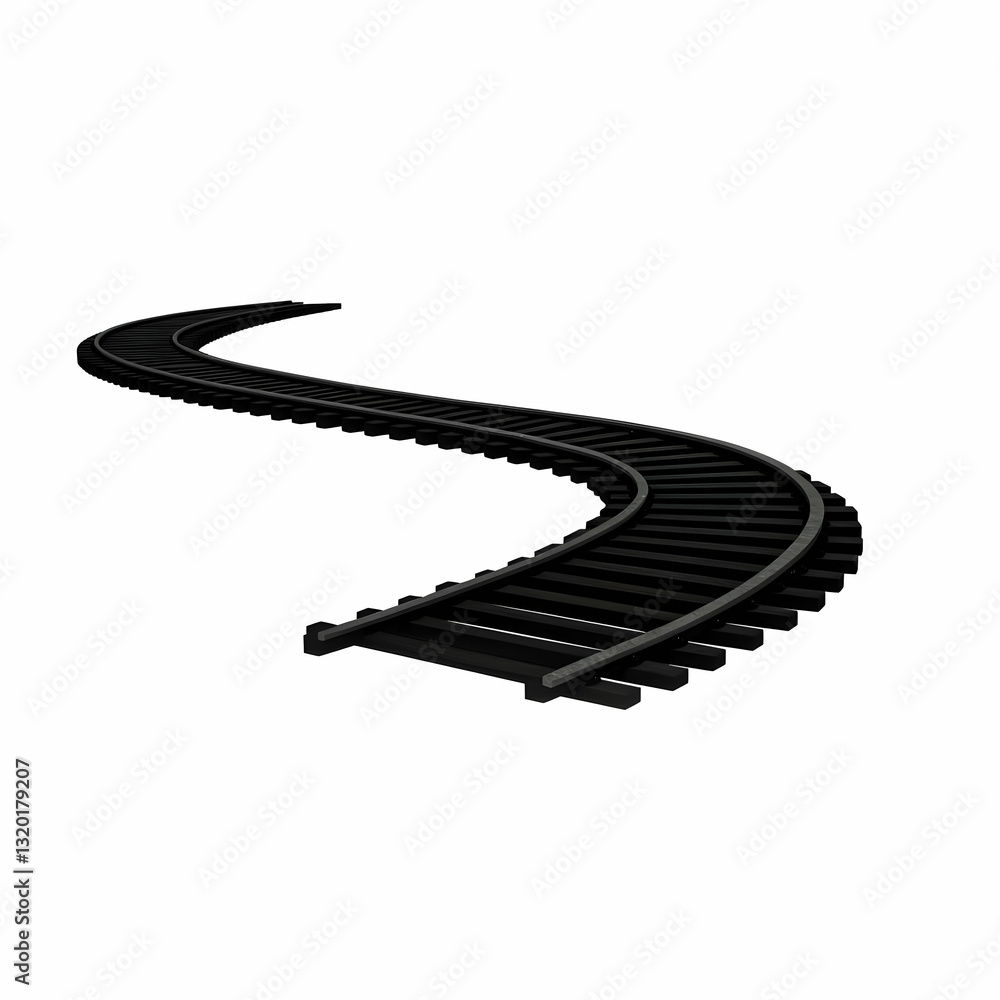 Poster 3d render of a curved railway track isolated on white background, showing detailed rails and sleeper