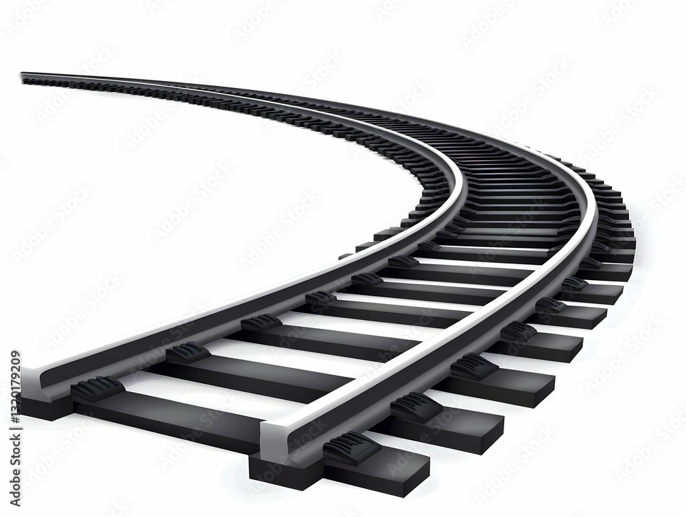 Poster 3d render of a curved railroad track on white background