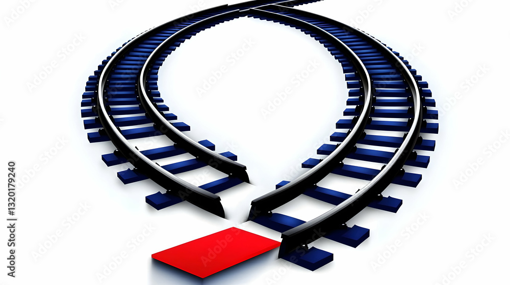 Aufkleber 3d illustration of diverging railroad tracks with a red block, symbolizing choices and decision-maki