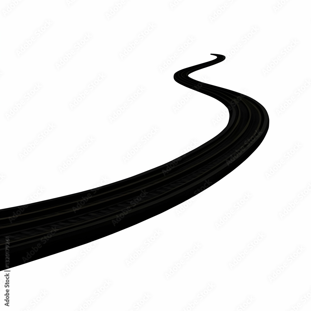 Poster 3d render of a black curved railway track extending into the distance