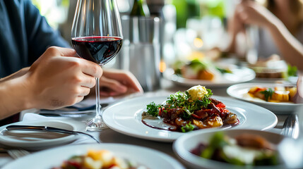 A Culinary Delight: The image is a close-up shot, showcasing a fine-dining experience with a person enjoying red wine. Dishes are artfully presented.