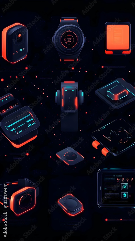 Poster futuristic 3d render of neon-lit smart devices with glowing interfaces