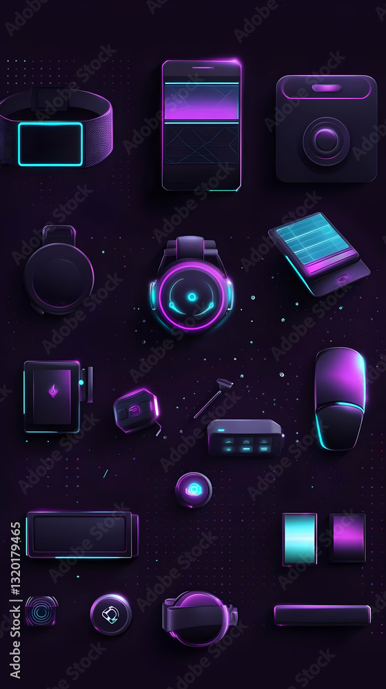 Poster neon-lit futuristic gadgets and devices in 3d render: a stylish abstract background with modern tech
