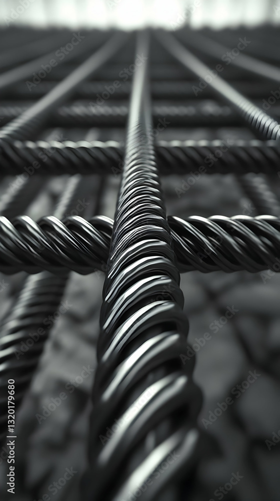 Poster 3d render of interlocking steel rebar grid, abstract metal texture background, detailed close-up vie
