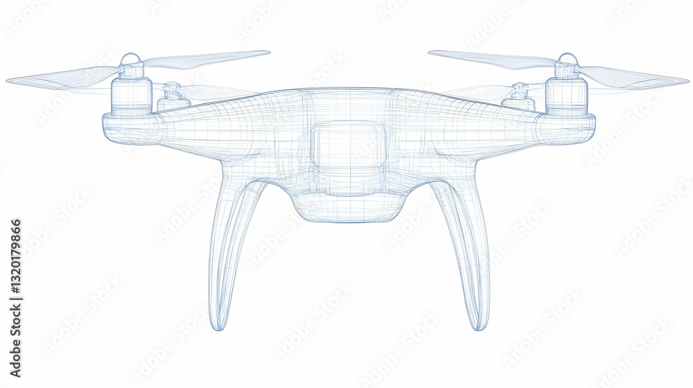 Poster wireframe model of a quadcopter drone with rotating propellers, detailed 3d design illustration on w