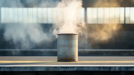 Steam Rising from Metallic Barrel on Platform in Urban Setting