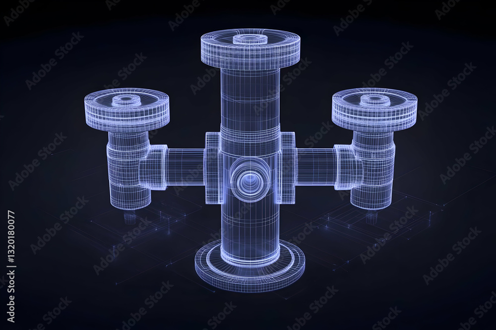 Poster 3d wireframe model of industrial pipeline system with valves, abstract engineering design, digital v
