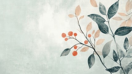 Botanical Whisper: Delicate watercolor painting of a flowering plant with leaves and berries, on a subtle textured background, evokes a sense of calm and organic elegance.