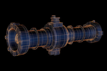 3D Wireframe Model of Industrial Cylindrical Mechanism with Complex Joints and Connections on Black Background