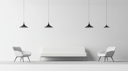 Minimalistic office lobby with modern furniture, soft lighting, calm atmosphere, white walls, professional studio light.
