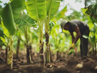 Dedication amidst the banana trees, Farmer tending to his livelihood