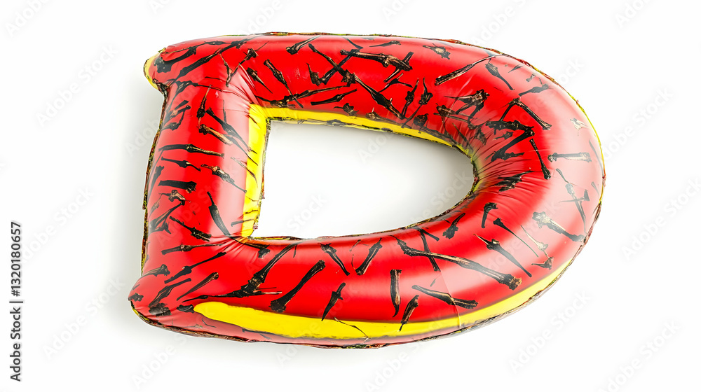 Poster red and yellow inflatable balloon letter d with abstract pattern, 3d render on white background