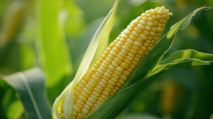 Close-up of corn cob with open leaves in the middle of a field