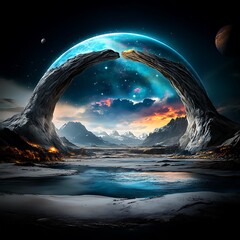 Epic cosmic landscape with celestial bodies alien terrain digital art surreal environment
