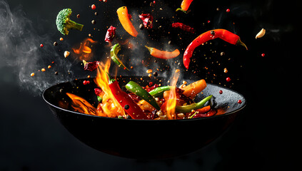 Spicy Stir-Fry: A vibrant and sizzling stir-fry bursts to life in a wok, with colorful peppers, fragrant spices, and fiery flames creating a visually captivating display of culinary art.