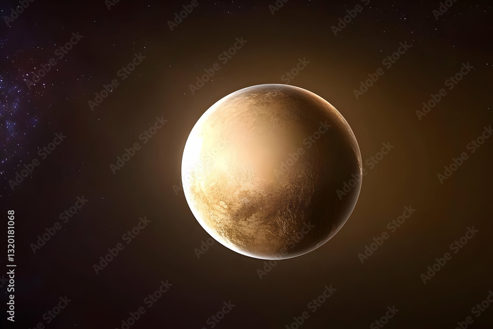 Poster digital rendering of a golden planet in space, illuminated against a dark cosmic background with sta