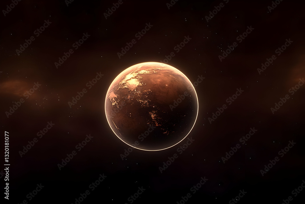 Poster a 3d render of a glowing planet in dark space, featuring a realistic atmosphere and surface details,