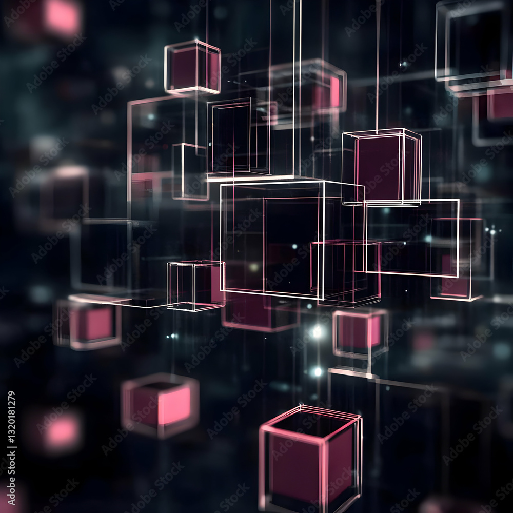 Aufkleber abstract 3d background: pink cubes float in dark space, creating a network of geometric shapes and l