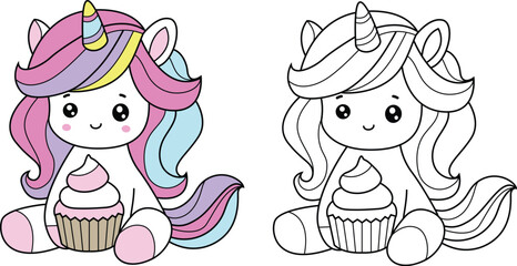 Colorful fantasy unicorn with a Cupcake soft and sweet colors – ideal for kid, color page, stickers and decorative Elements.vector illustration